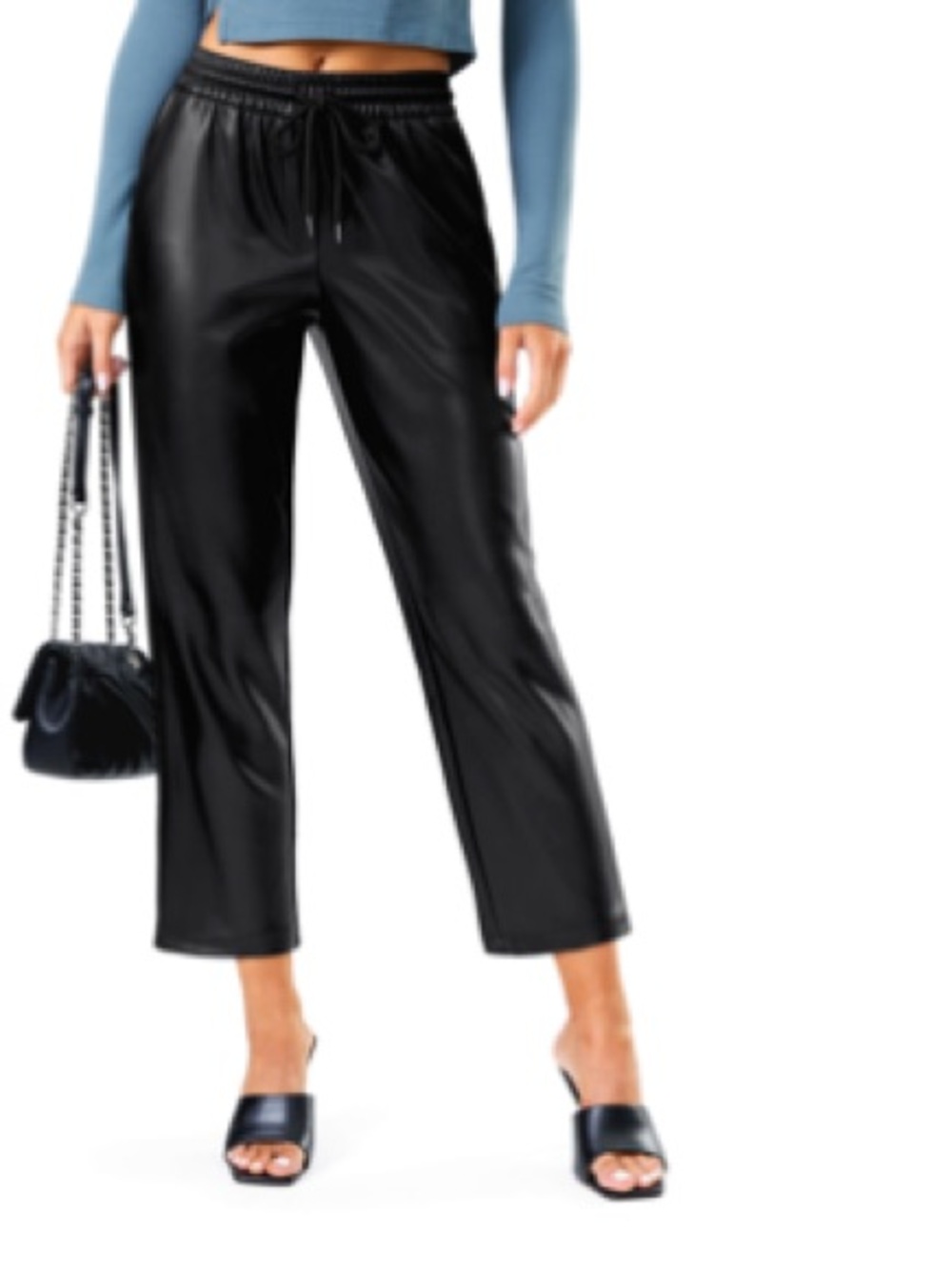 SANTINY Faux Leather High-Waisted Pants - Black Sz L Women